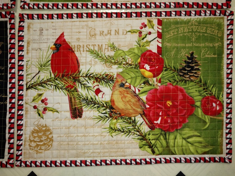 Candy Cane /& Holly Ready to Ship 17 x 12 Cardinal Quilted Placemats Set of 4 with Roses Pine