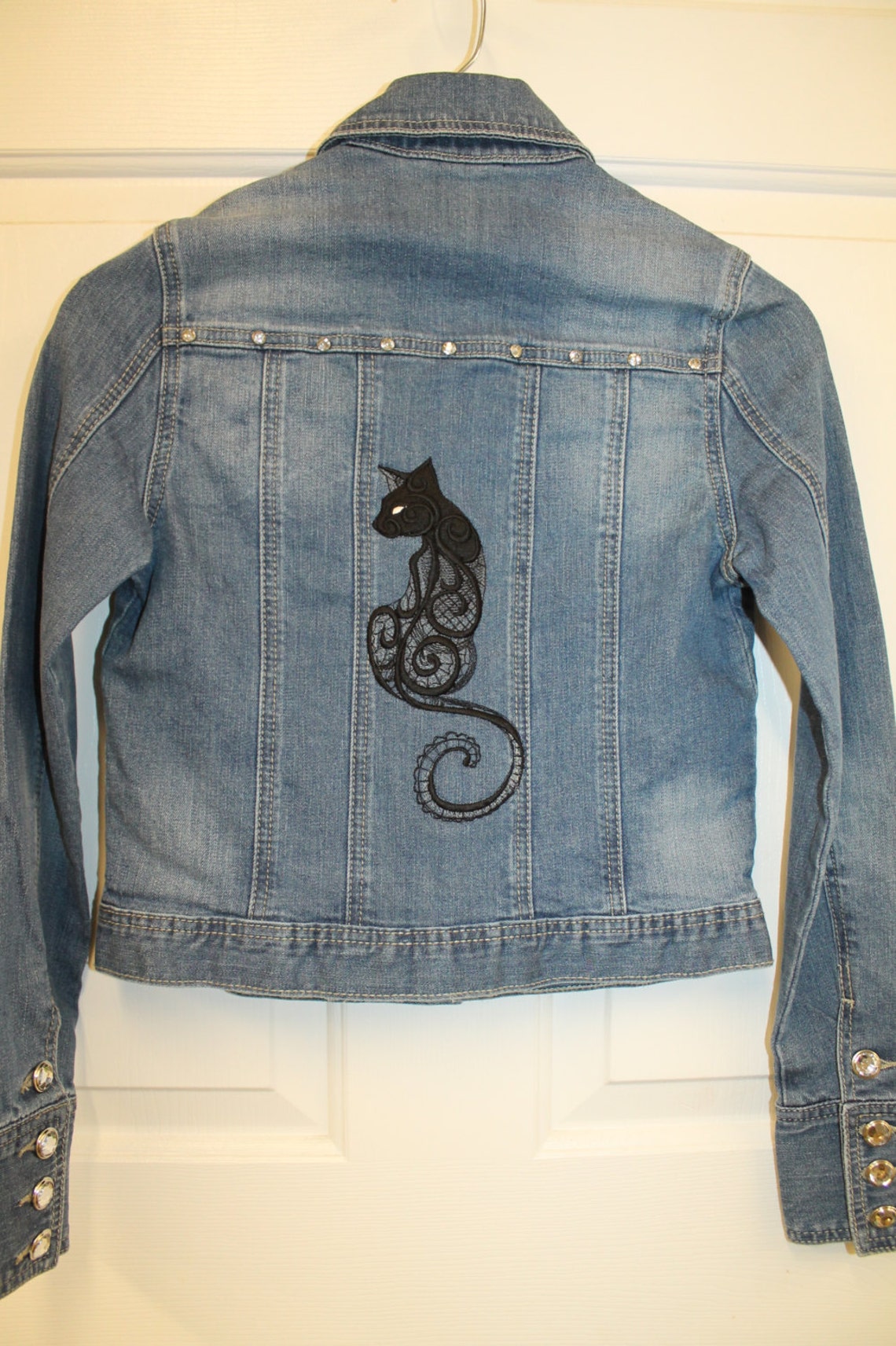 Custom Embroidered Black Cat Denim Jean Jacket w Bling buttons Etsy