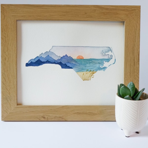 North Carolina Watercolor Art Print: NC Mountains & Beach Decor