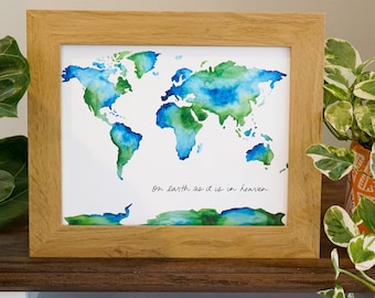 Watercolor World Map Print: Christian Art, Nursery Decor (8x10)