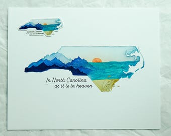 North Carolina Watercolor Art Print: NC Mountains & Beach Decor