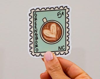 Greensboro NC Coffee Stamp Sticker, Latte Art, Local Love Vinyl Decal