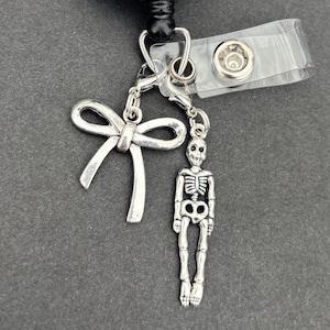 Skeleton Bow Badge Reel Charm, Coquette, Lanyard, ID Holder, Purse, Keyring, Keys, Rad Tech, X-Ray Tech, Nurse, Ortho