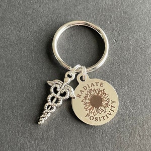 Radiate Positivity Keychain, Sunflower, Skeleton, Skull, Caduceus, Radiology, Graduation, Rad Tech Week Gift, Xray Tech