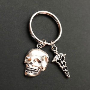 Skull Keychain, Oblique Skull and Caduceus, Rad Tech Week Gift, Medical Field, Radiology, Anatomy, Xray Tech Gift