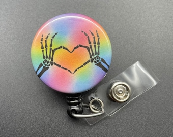 Skeleton Heart Hands, Badge Holder, Retractable ID Badge Reel, Xray Tech, Nurse, Valentine's Day, Bones