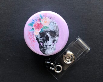 Flowered Skull Badge Holder, Badge Reel, Flower Crown