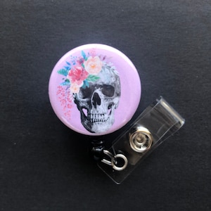 Flowered Skull Badge Holder, Badge Reel, Flower Crown