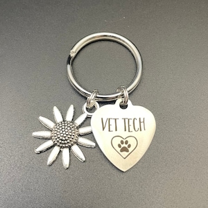 Vet Tech Keychain, Gift, Paw Print, Dog, Heart, Veterinarian, Graduation, Sunflower