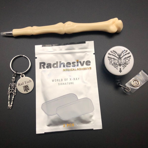 Radiology Technologist Gift Bundle, Rad Tech and Skeleton Keychain, Radhesive Strips, Bone Shaped Pen, Radiology Retractable Badge Reel
