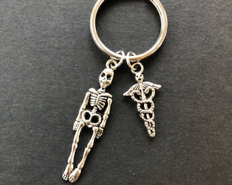 Xray Tech Gift Skeleton Keychain Caduceus Medical Symbol Skull Anatomy Bones Ortho Orthopedic Keyring Cute Small Halloween Party Favor