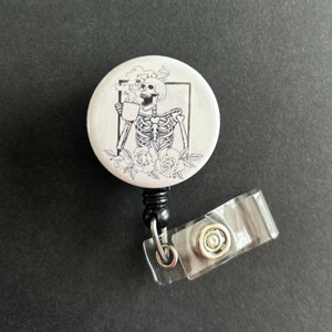 Skeleton Drinking Coffee Badge Holder, Retractable ID Badge Reel, Flowers, Caffeinated, Tea, Caffeine, Death Over Decaf