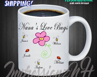 Personalized mug - Nana mug - bee mug - lady bug mug - flower mug - Nana's Love bugs
