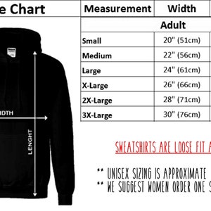 May include: Size chart for adult hoodies with measurements in inches and centimeters. The chart shows width and length measurements for sizes small through 3X-large. The text "SWEATSHIRTS ARE LOOSE FIT AND RUN BIG" is displayed in red. The text "UNISEX SIZING IS APPROXIMATE" and "WE SUGGEST WOMEN ORDER ONE SIZE SMALLER" is displayed in black.