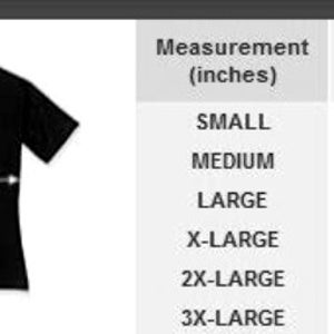 May include: A size chart for t-shirts with measurements in inches. The chart shows the width and length of t-shirts in sizes small, medium, large, x-large, 2x-large, and 3x-large.