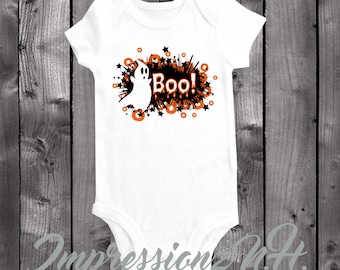 Bonito macacão de bebê BOO de Halloween e macacão de uma peça, camisa de Halloween, camisa fantasma, macacão de Halloween