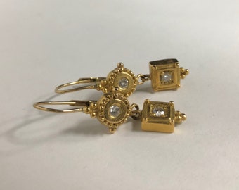 14K Gold + Diamond Dangle Etruscan Design Earrings