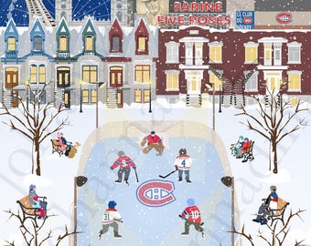 Puede incluir: Escena invernal ilustrada de Montreal, Canadá, con un partido de hockey sobre una pista al aire libre. La imagen incluye el horizonte de Montreal, edificios históricos y el letrero "Farine Five Roses". Hay gente sentada en bancos y nieva.