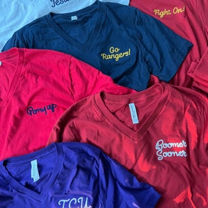 College Spirit Chain Stitch V Neck Embroidered Tees