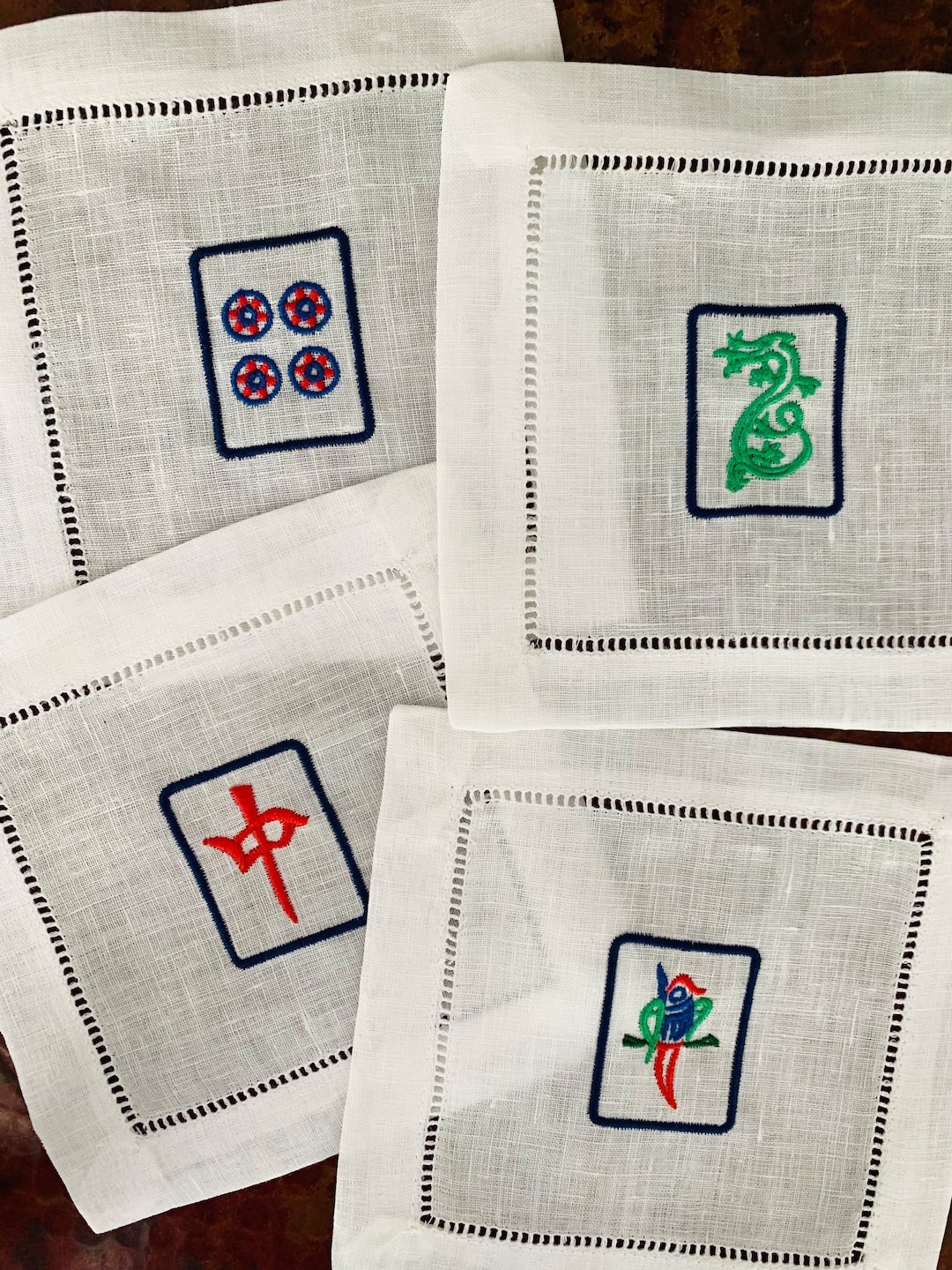 Mahjong Embroidered Cocktail Napkins Etsy