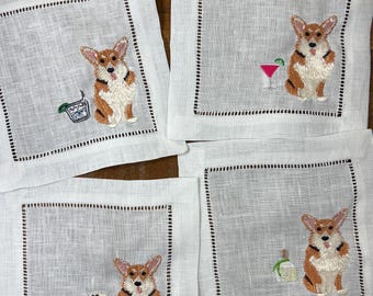 The Tipsy Dog - Corgi II Embroidered Cocktail Napkins