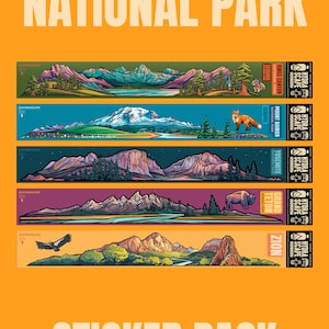 Puede incluir: Un paquete de pegatinas con ilustraciones de paisajes de parques nacionales. Las pegatinas muestran coloridas cordilleras, bosques y fauna, con el texto "National Park" y nombres de parques como "Zion" e "Yosemite". El fondo es naranja.