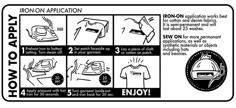 May include: A black and white illustration showing how to apply an iron-on patch to a garment. The instructions include preheating the iron, setting the patch face up, laying a cloth over the patch, applying pressure with the hot iron for 30 seconds, and turning the garment inside out and ironing the back for 20 seconds. The illustration also includes text that says "IRON-ON APPLICATION", "HOW TO APPLY", "ENJOY!" and "SEW ON for more permanent applications, as well as synthetic materials or objects including hats and beanies."