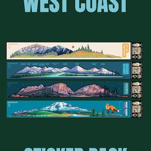 Pode incluir: Um pacote de autocolantes com ilustrações de paisagens da Costa Oeste. Os autocolantes retratam cadeias de montanhas, florestas e uma raposa. O texto "HYDRASCAPE WEST COAST" e "STICKER PACK" é exibido em verde-azulado.