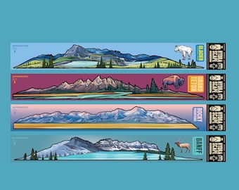 May include: A sticker pack with four landscape designs featuring mountains, animals, and the text "BIG SKY". Each sticker has a different mountain range: Glacier, Grand Teton, Rocky Mountains, and Banff. The stickers are rectangular and have a blue background.