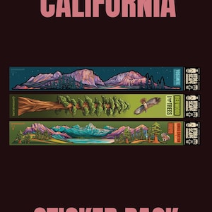 Pode incluir: Um pacote de autocolantes com as palavras "CALIFORNIA" e "STICKER PACK" em rosa. O pacote contém três autocolantes de paisagens: Yosemite, Redwood Trees e Kings Canyon National Park. Cada autocolante tem um esquema de cores diferente e o logótipo "HYDRASCAPE".