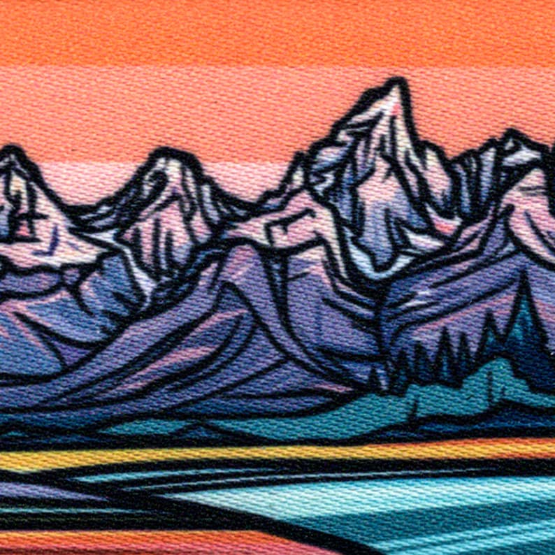 May include: A stylized illustration of a mountain range with a blue, green, and yellow landscape at the base. The mountains are purple and white with a pink and orange sky above.