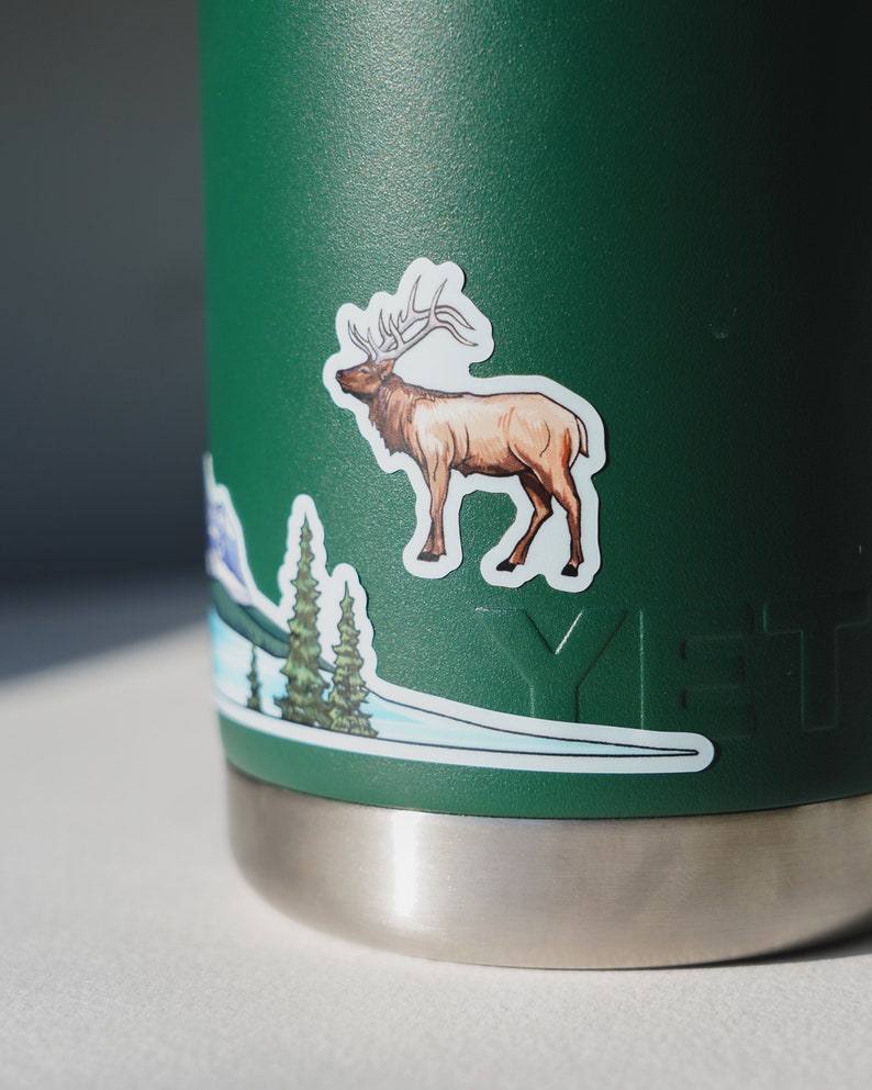 Puede incluir: Una botella de agua Yeti verde con una pegatina de un alce y una escena de monta&ntilde;a. La pegatina es blanca con detalles marrones y verdes.