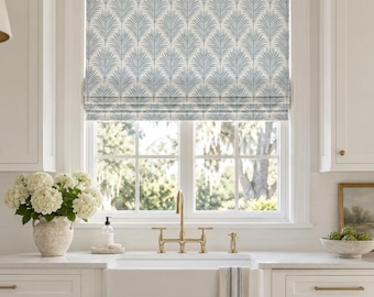 Pretty Blue Roman Shade soft blue floral block print fabric roman shade fan spa blue window shade kitchen sink shade bathroom shade laundry