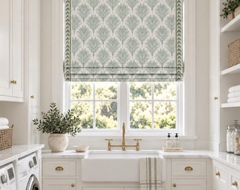 Soft Green Roman Shade soft sage floral block print fabric fan spa green pistachio window shade kitchen shade bathroom shade laundry