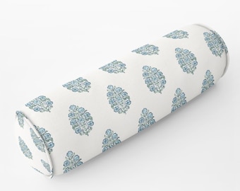 Mughal flower pillow Round Bolster pillow lumbar block print Bed bolster round bolster linen long bolster bedroom pillow long lumbar blue