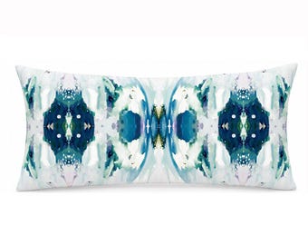 NEW "MEADOW" Blue Green Abstract Lumbar Pillow Cover Navy Coastal Throw Pillow Modern Watercolor Decorative Accent Cushion Dorm Room Decor