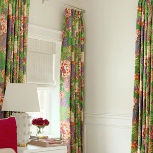 THIBAUT curtains Green Pink curtain panels thibaut drapery green chinoiserie curtains large floral curtains modern chinoiserie Honshu drapes