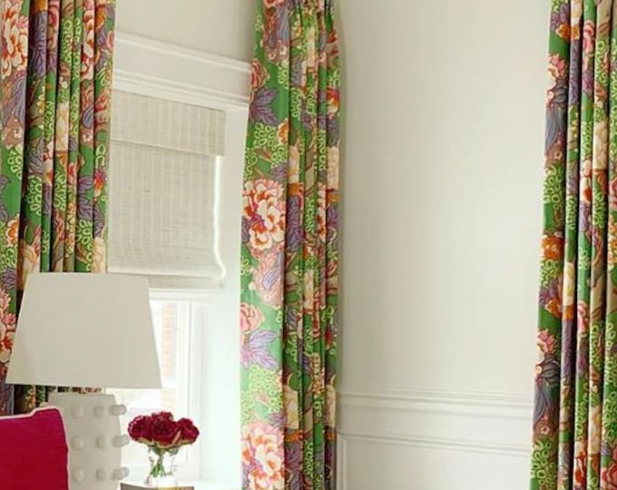 THIBAUT Curtains Green Pink Curtain Panels Thibaut Drapery Green Chinoiserie Curtains Large