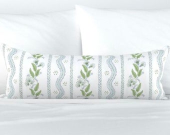 IMMEDIATE SHIP Floral Stripe Pillow Blue Green Flower block print pillow Flower Lumbar Long Dolly Block Print Fine Textiles lettuce green