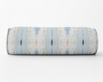 Designer painterly round bolster PALM BEACH blue pillow Long lumbar painterly bolster pillow light blue kaleidoscope lumbar bed neck roll