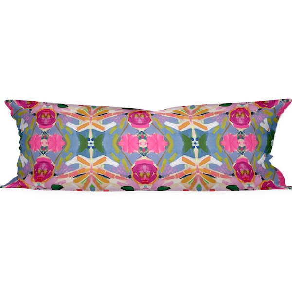 Pink green pillow accent boho girls dorm punch pink painterly kaleidoscope soft custom sizes lumbar bolster