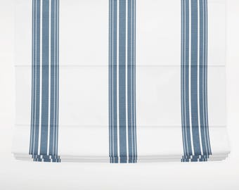 Navy Blue Ticking Stripe/ Faded-effect Awning Stripe Roman Shades