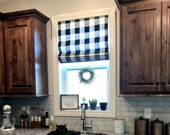 Modern Farmhouse Roman Shades QUICK SHIP Buffalo Plaid Roman Shades Grey Check  Kitchen Window Shades Gingham Roman Shades Black Check Window 