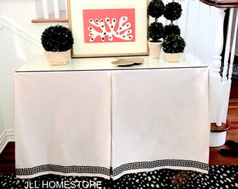 Console Table skirt with greek key trim rectangle table console table skirt ivory with black tableskirt custom size crypton cotton skirted