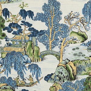 Blue Green Curtains Thibaut Curtains Large Floral curtains Asian Scenic thibaut drapes drapery extra long custom size extra wide oriental