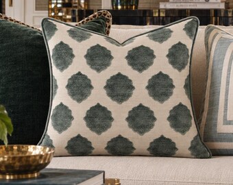 Spa green blue cut velvet pillow aqua green ivory medallion print velvet cut accent pillow muted green luxurious thick pillow soft lagoon