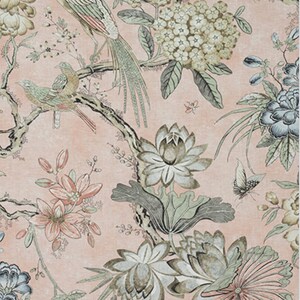May include: A pink floral wallpaper with a green and brown bird, flowers, and leaves. The wallpaper has a vintage, faded look.