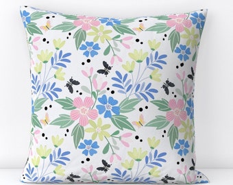 Citron floral pillow pink blue green girls room accent pillow soft flower pillow design pillow butterflies and flowers lumbar pillow