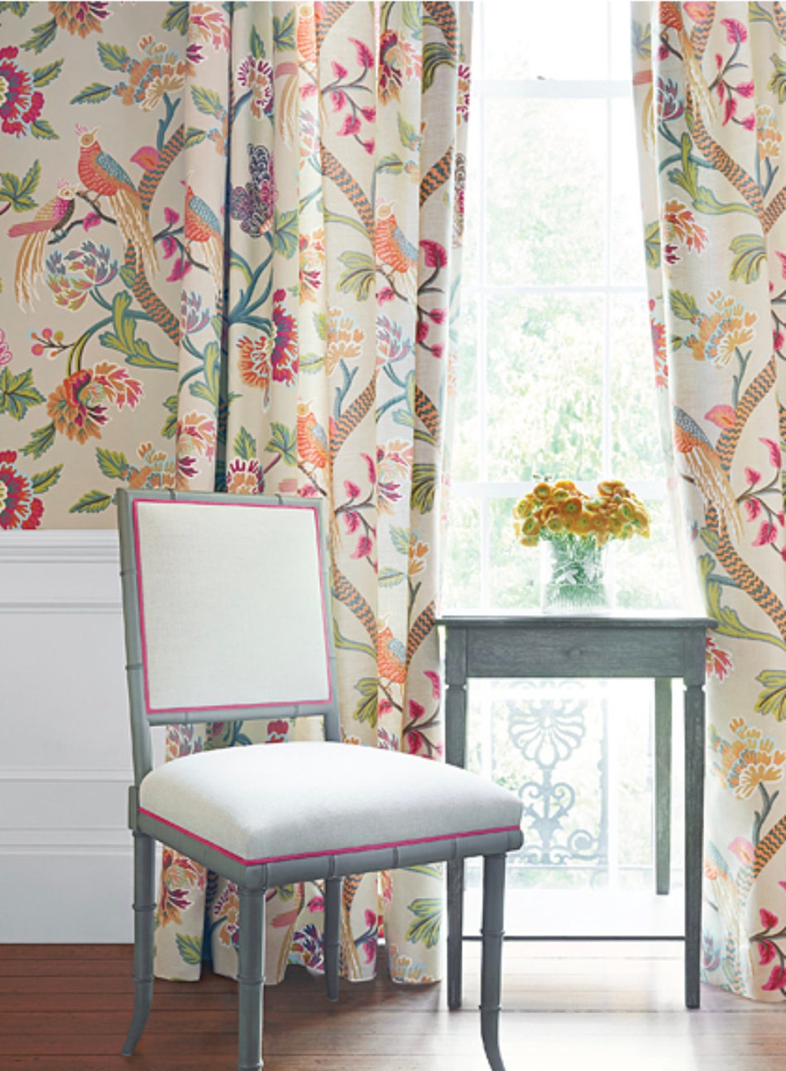 Jacobean curtains linen THIBAUT curtains coral orange pink Etsy