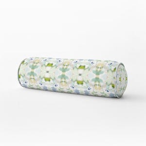 NEW AZALEA LIME painterly round bolster Blue green pillow mist blue chartreuse accent pillow chinoiserie design pillow greens blues aqua
